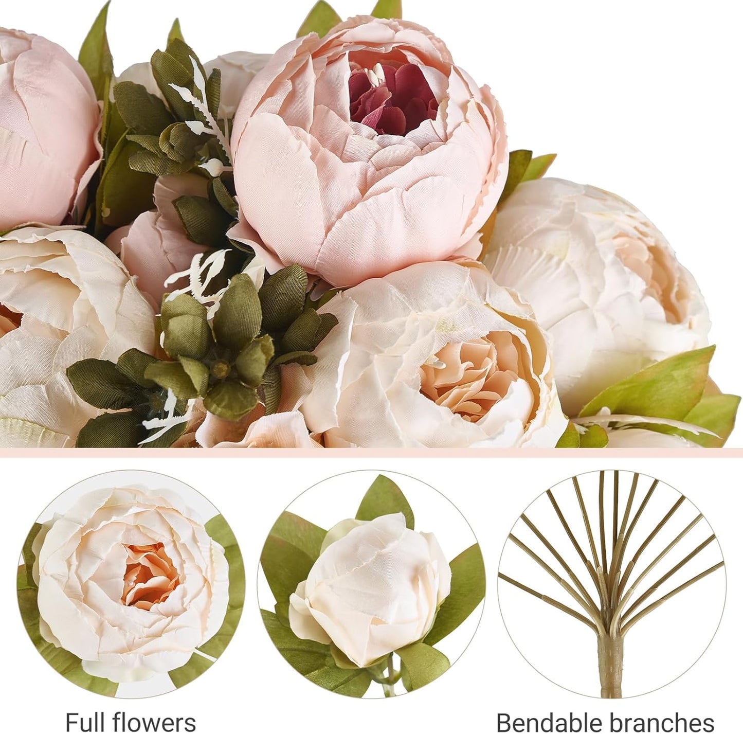 Peonies Artificial Flowers, 2 Packs 13 Stems Faux Peony Flowers Real Touch Fake Silk Bouquet for Arrangements Dining Table Centerpieces for Kitchen Bridal Wedding Party (2, Mixed White)