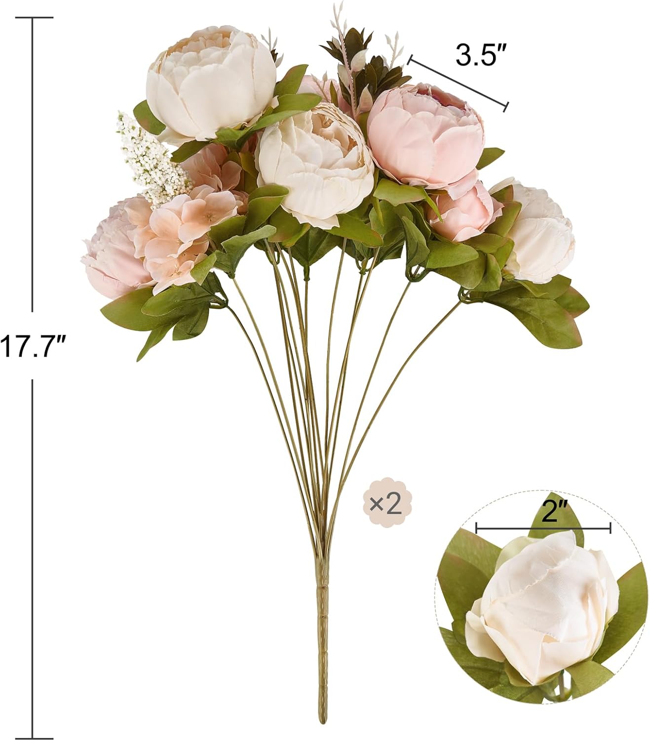 Peonies Artificial Flowers, 2 Packs 13 Stems Faux Peony Flowers Real Touch Fake Silk Bouquet for Arrangements Dining Table Centerpieces for Kitchen Bridal Wedding Party (2, Mixed White)