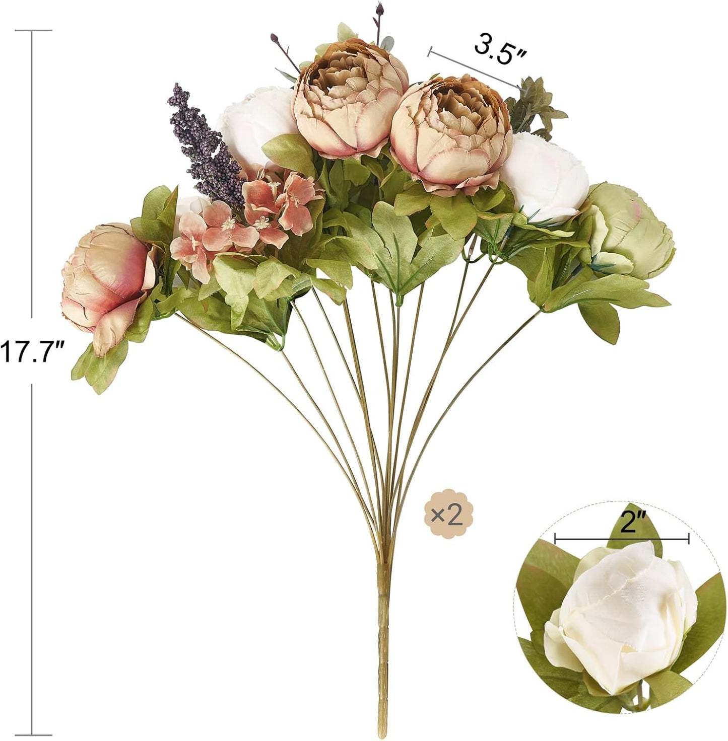 Peonies Artificial Flowers, 2 Packs 13 Stems Faux Peony Flowers Real Touch Fake Silk Bouquet for Arrangements Dining Table Centerpieces for Kitchen Bridal Wedding Party (2, Mixed White)
