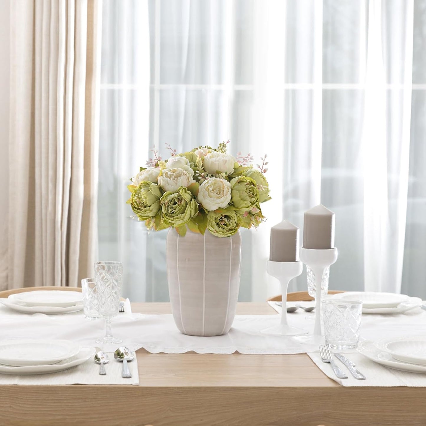 Peonies Artificial Flowers, 2 Packs 13 Stems Faux Peony Flowers Real Touch Fake Silk Bouquet for Arrangements Dining Table Centerpieces for Kitchen Bridal Wedding Party (2, Mixed White)