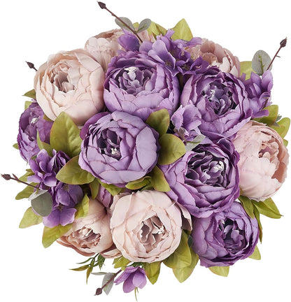 Peonies Artificial Flowers, 2 Packs 13 Stems Faux Peony Flowers Real Touch Fake Silk Bouquet for Arrangements Dining Table Centerpieces for Kitchen Bridal Wedding Party (2, Mixed White)