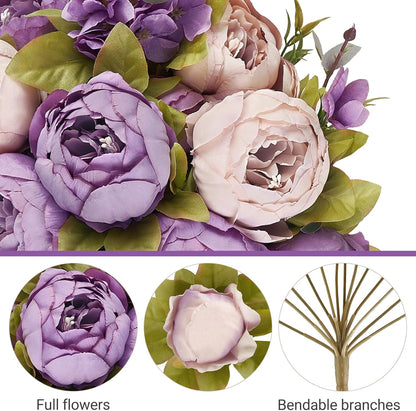 Peonies Artificial Flowers, 2 Packs 13 Stems Faux Peony Flowers Real Touch Fake Silk Bouquet for Arrangements Dining Table Centerpieces for Kitchen Bridal Wedding Party (2, Mixed White)