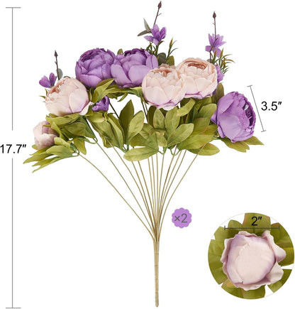 Peonies Artificial Flowers, 2 Packs 13 Stems Faux Peony Flowers Real Touch Fake Silk Bouquet for Arrangements Dining Table Centerpieces for Kitchen Bridal Wedding Party (2, Mixed White)