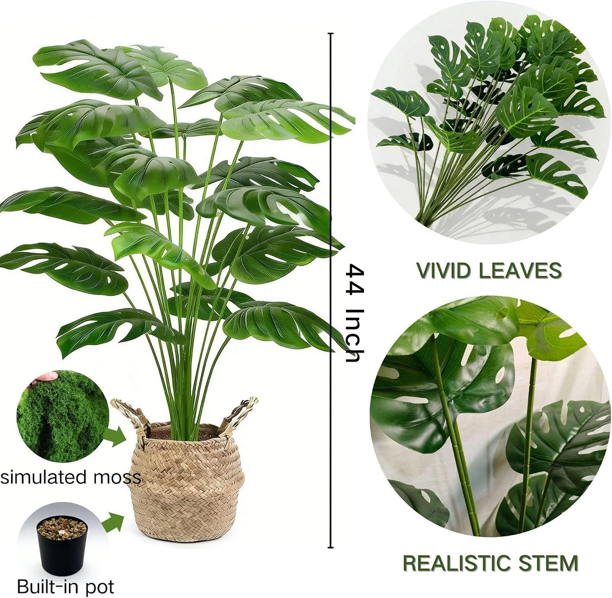Large Artificial Monstera Plant 44 Inches, Fake Monstera in Woven Basket, Large Fake Floor Plant for Indoor, Home, Office, Living Room Decor No Maintenance