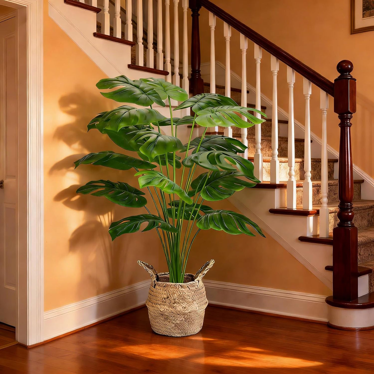 Large Artificial Monstera Plant 44 Inches, Fake Monstera in Woven Basket, Large Fake Floor Plant for Indoor, Home, Office, Living Room Decor No Maintenance