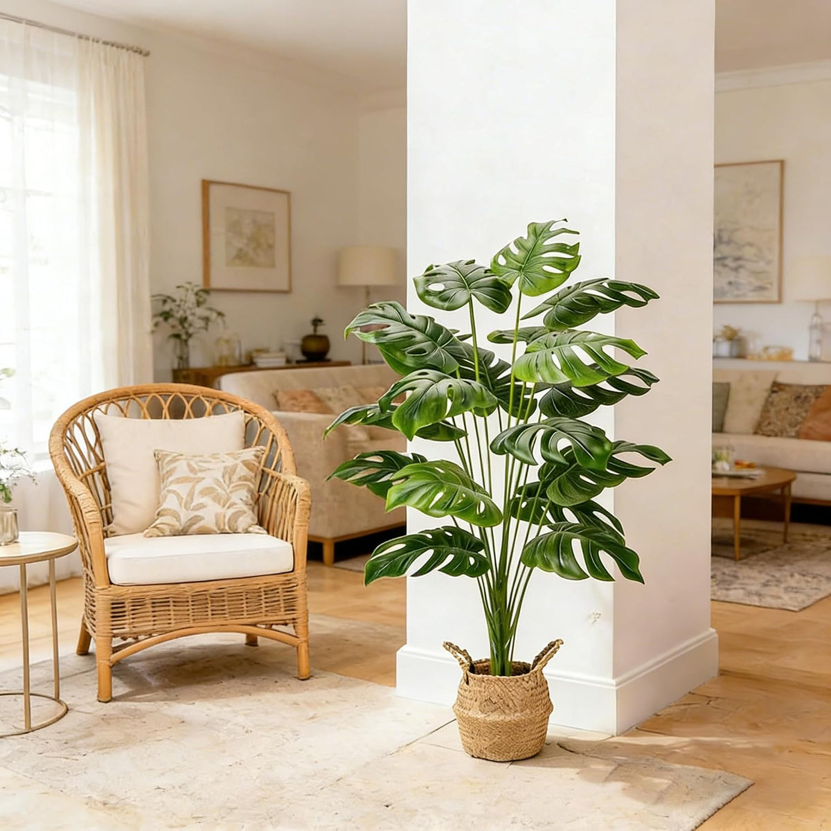 Large Artificial Monstera Plant 44 Inches, Fake Monstera in Woven Basket, Large Fake Floor Plant for Indoor, Home, Office, Living Room Decor No Maintenance