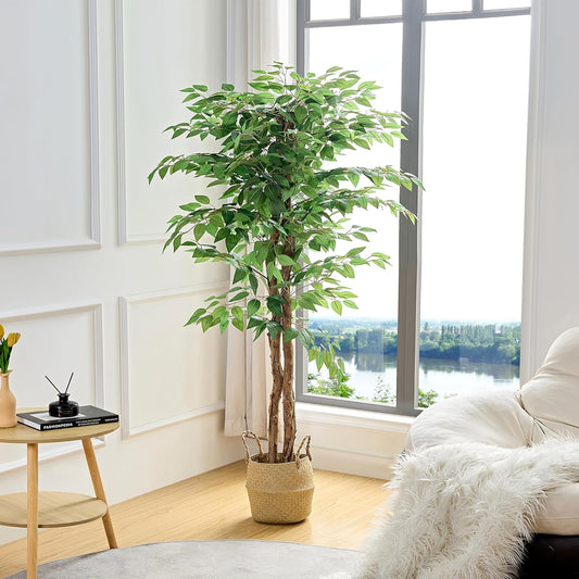 Ficus Tree Artificial 6 Feet, Tall Faux Tree in Pot, Fake Floor Plant with Realistic Tree Branch & Silk Leaves for Home Office Indoor Decor