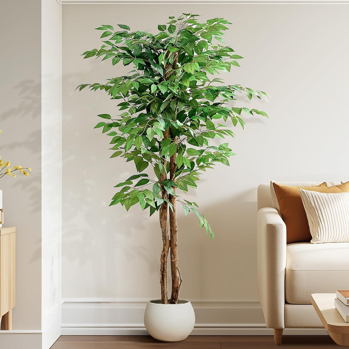 Ficus Tree Artificial 6 Feet, Tall Faux Tree in Pot, Fake Floor Plant with Realistic Tree Branch & Silk Leaves for Home Office Indoor Decor