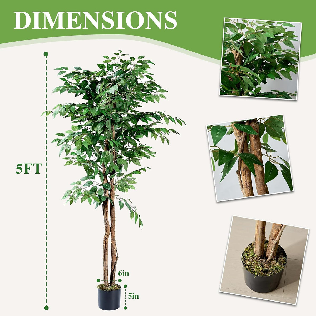Ficus Tree Artificial 6 Feet, Tall Faux Tree in Pot, Fake Floor Plant with Realistic Tree Branch & Silk Leaves for Home Office Indoor Decor