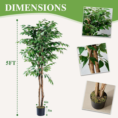 Ficus Tree Artificial 6 Feet, Tall Faux Tree in Pot, Fake Floor Plant with Realistic Tree Branch & Silk Leaves for Home Office Indoor Decor