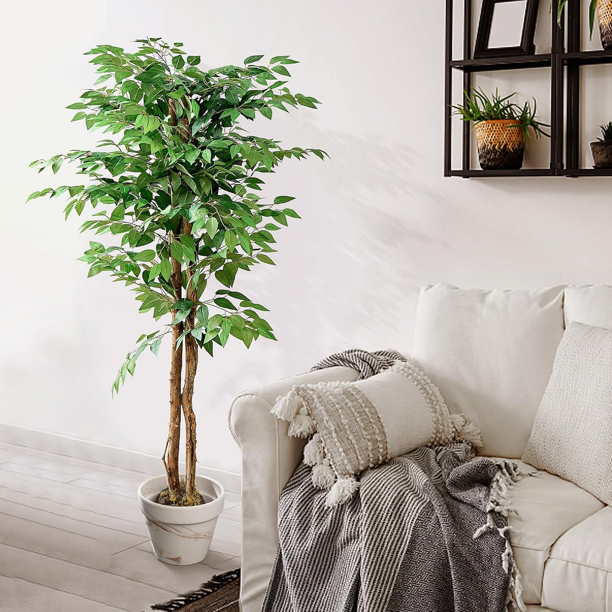 Ficus Tree Artificial 6 Feet, Tall Faux Tree in Pot, Fake Floor Plant with Realistic Tree Branch & Silk Leaves for Home Office Indoor Decor