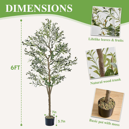 Ficus Tree Artificial 6 Feet, Tall Faux Tree in Pot, Fake Floor Plant with Realistic Tree Branch & Silk Leaves for Home Office Indoor Decor