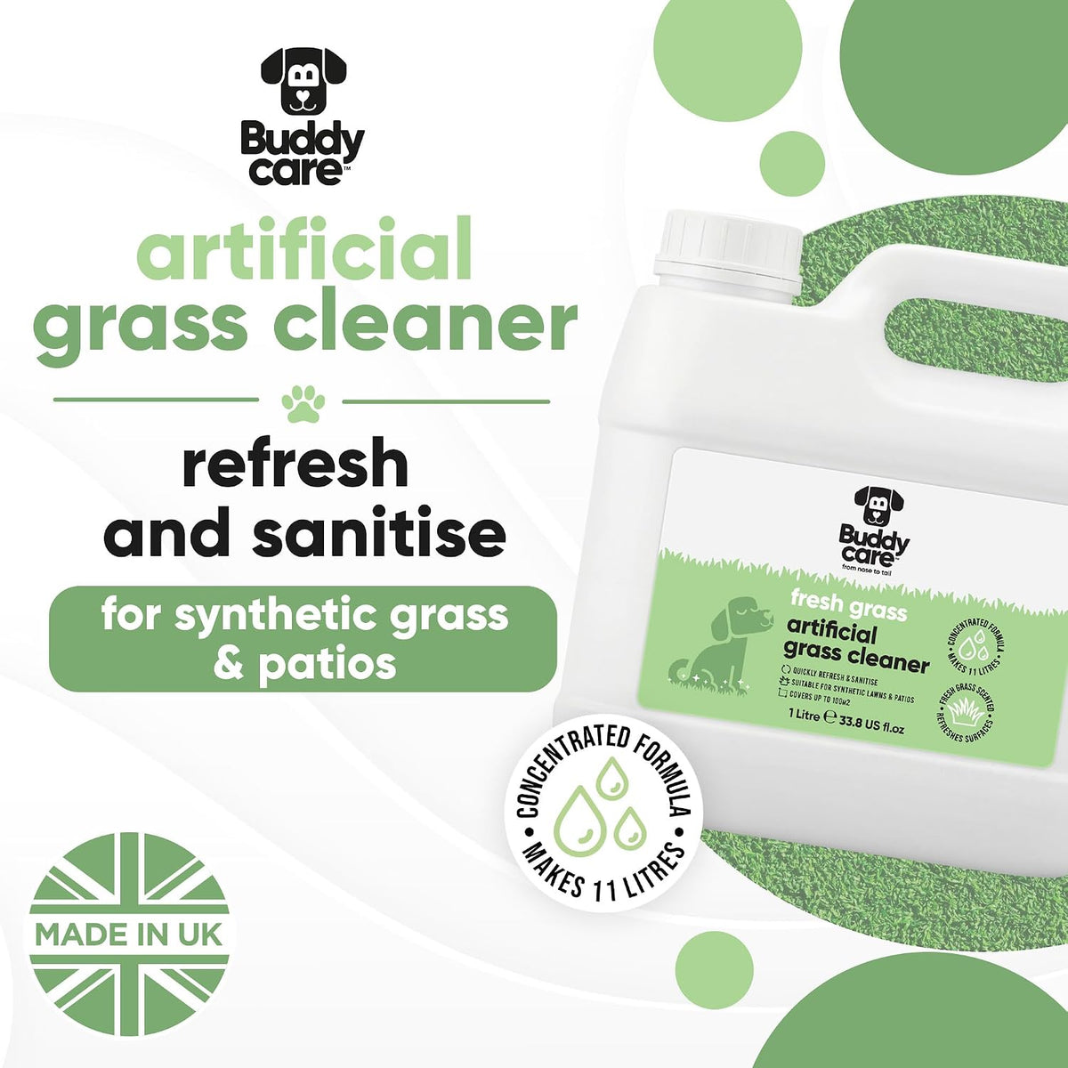 Artificial Grass Cleaner Concentrate - Fresh Grass Scent - 1L - Outdoor Surface Cleaner for Synthetic Lawns & Patios, Fast Acting Odour Remover & Sanitiser, Makes 11L, Covers up to 100m²