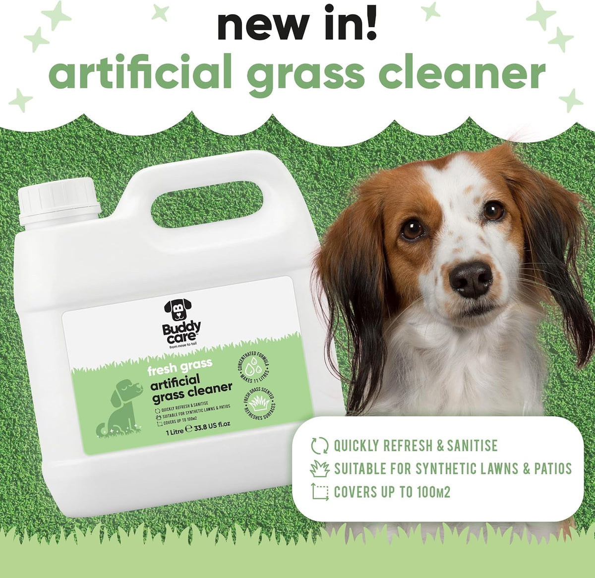 Artificial Grass Cleaner Concentrate - Fresh Grass Scent - 1L - Outdoor Surface Cleaner for Synthetic Lawns & Patios, Fast Acting Odour Remover & Sanitiser, Makes 11L, Covers up to 100m²
