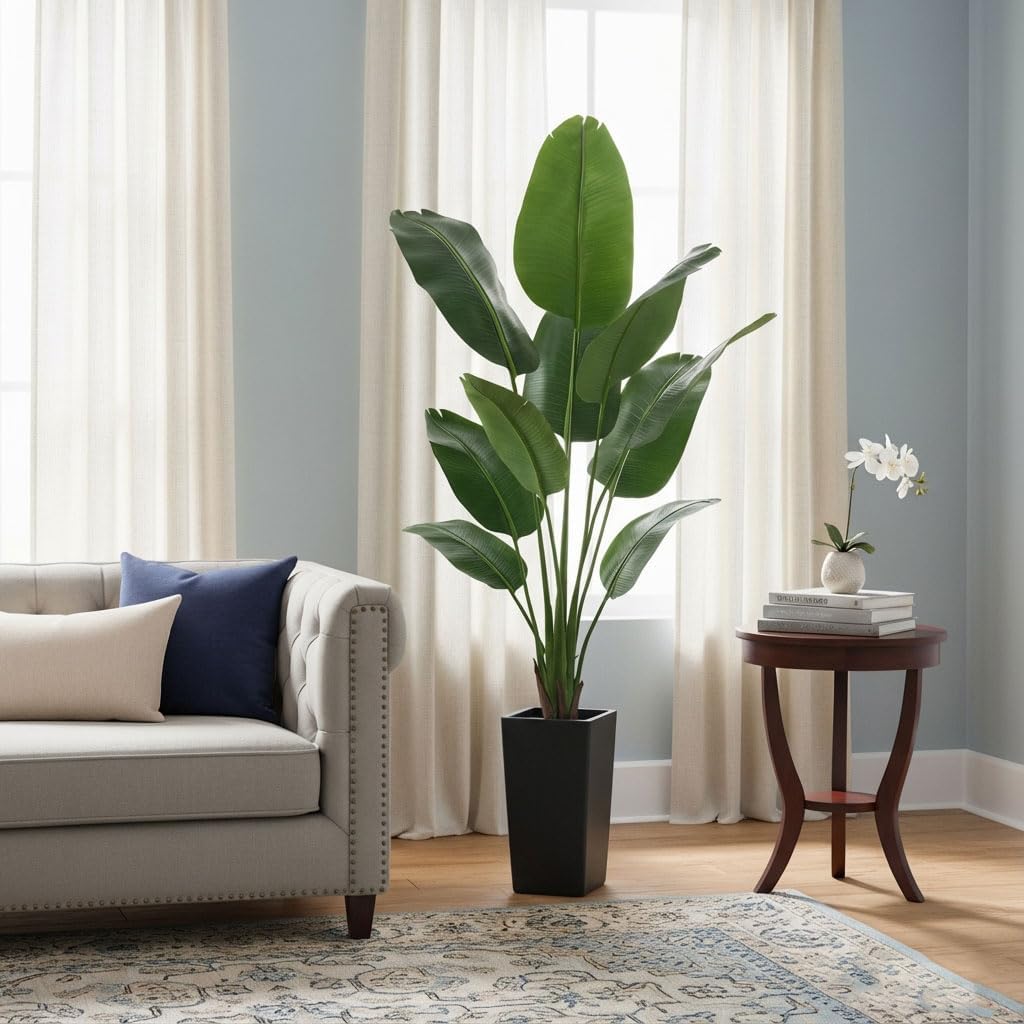 6ft Artificial Bird of Paradise Tree for Home Decor, 6 ft Faux Floor Plant Fake Silk Banana Leaf Tropical Trees with Pot for Indoor Outdoor House Living Room (6 feet Tall Including Raised Pot)