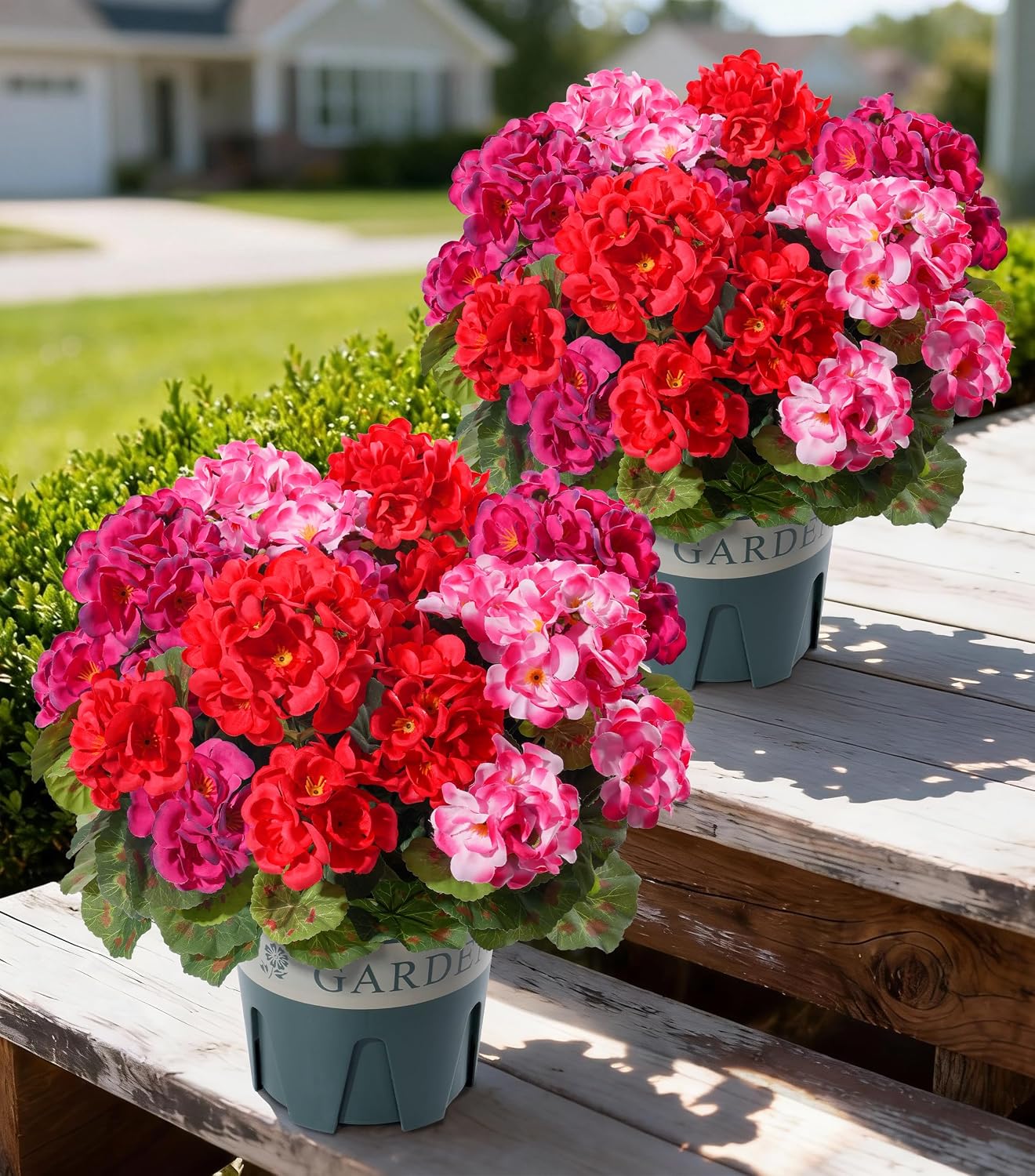 Geraniums Artificial Flowers for Outdoors, 2 Pack Potted Plants White Faux Geraniums Bush Artificial Topiaries Realistic UV Resistant Fake Flowers Plants for Planters Outside Gardens Front Door Indoor
