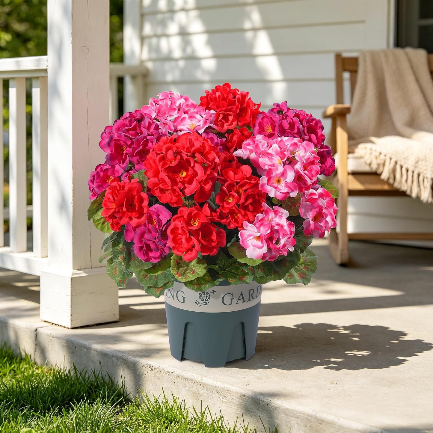 Geraniums Artificial Flowers for Outdoors, 2 Pack Potted Plants White Faux Geraniums Bush Artificial Topiaries Realistic UV Resistant Fake Flowers Plants for Planters Outside Gardens Front Door Indoor
