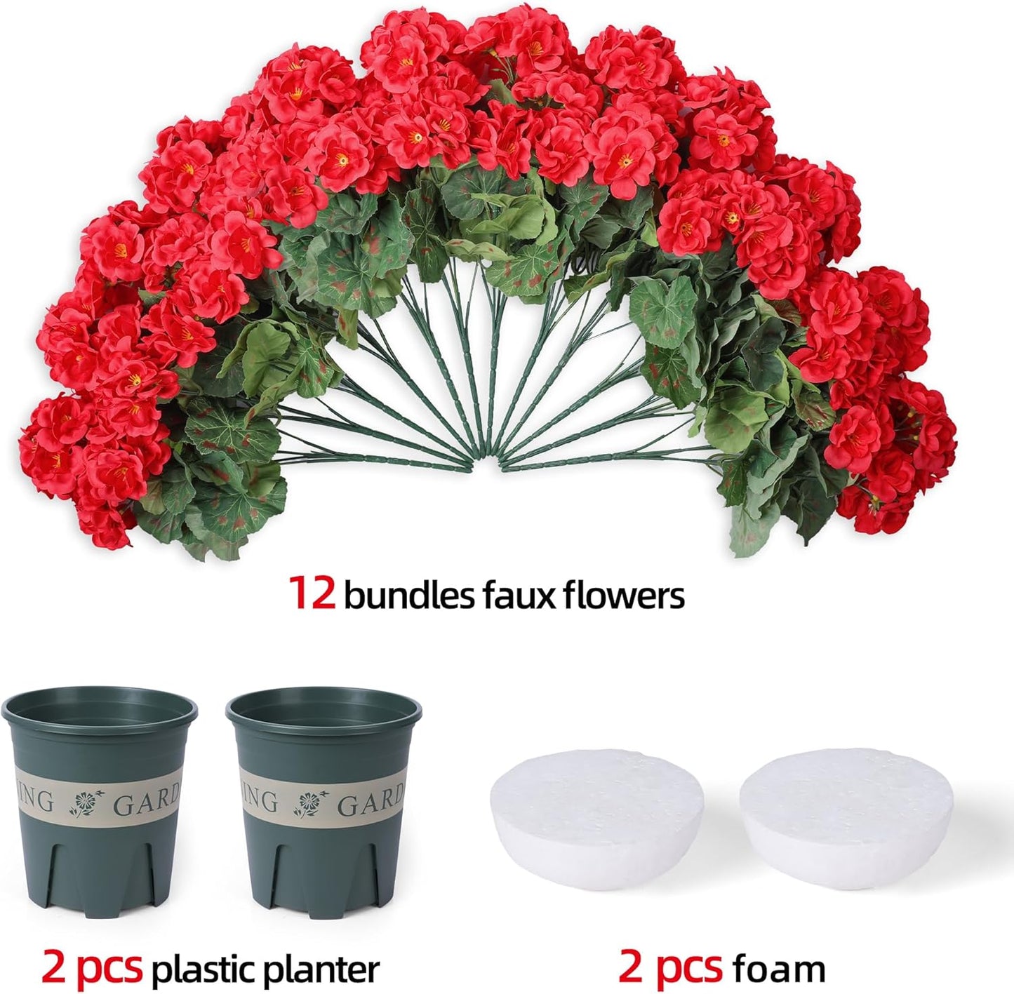 Geraniums Artificial Flowers for Outdoors, 2 Pack Potted Plants White Faux Geraniums Bush Artificial Topiaries Realistic UV Resistant Fake Flowers Plants for Planters Outside Gardens Front Door Indoor
