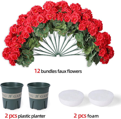 Geraniums Artificial Flowers for Outdoors, 2 Pack Potted Plants White Faux Geraniums Bush Artificial Topiaries Realistic UV Resistant Fake Flowers Plants for Planters Outside Gardens Front Door Indoor