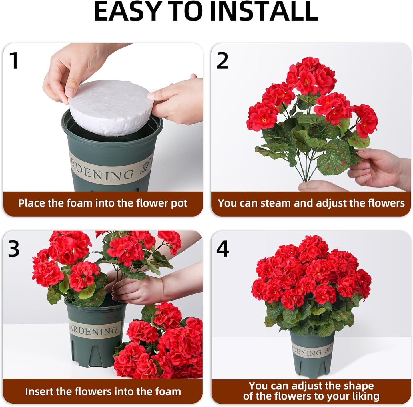 Geraniums Artificial Flowers for Outdoors, 2 Pack Potted Plants White Faux Geraniums Bush Artificial Topiaries Realistic UV Resistant Fake Flowers Plants for Planters Outside Gardens Front Door Indoor