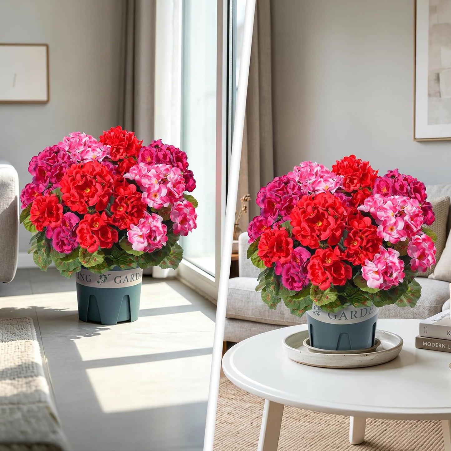 Geraniums Artificial Flowers for Outdoors, 2 Pack Potted Plants White Faux Geraniums Bush Artificial Topiaries Realistic UV Resistant Fake Flowers Plants for Planters Outside Gardens Front Door Indoor