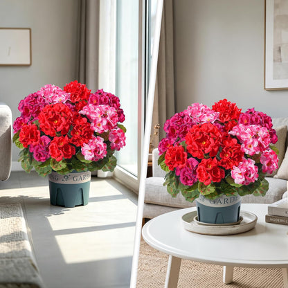 Geraniums Artificial Flowers for Outdoors, 2 Pack Potted Plants White Faux Geraniums Bush Artificial Topiaries Realistic UV Resistant Fake Flowers Plants for Planters Outside Gardens Front Door Indoor