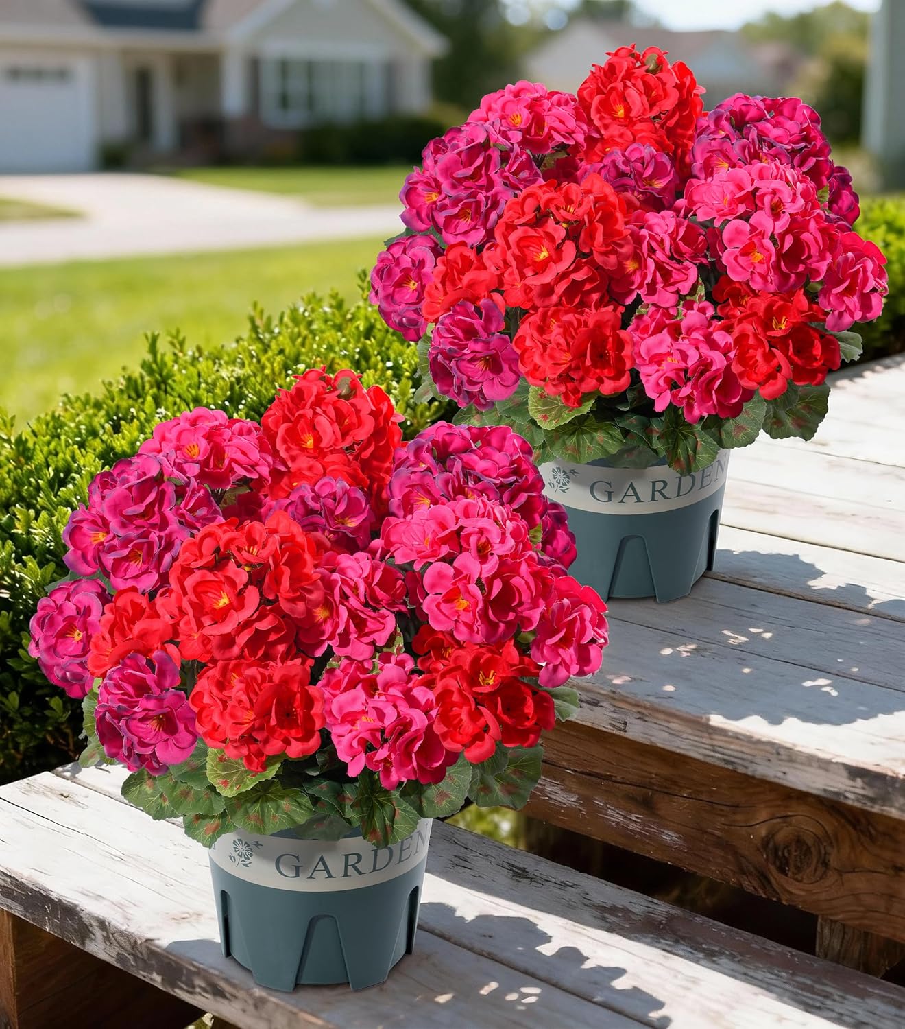 Geraniums Artificial Flowers for Outdoors, 2 Pack Potted Plants White Faux Geraniums Bush Artificial Topiaries Realistic UV Resistant Fake Flowers Plants for Planters Outside Gardens Front Door Indoor
