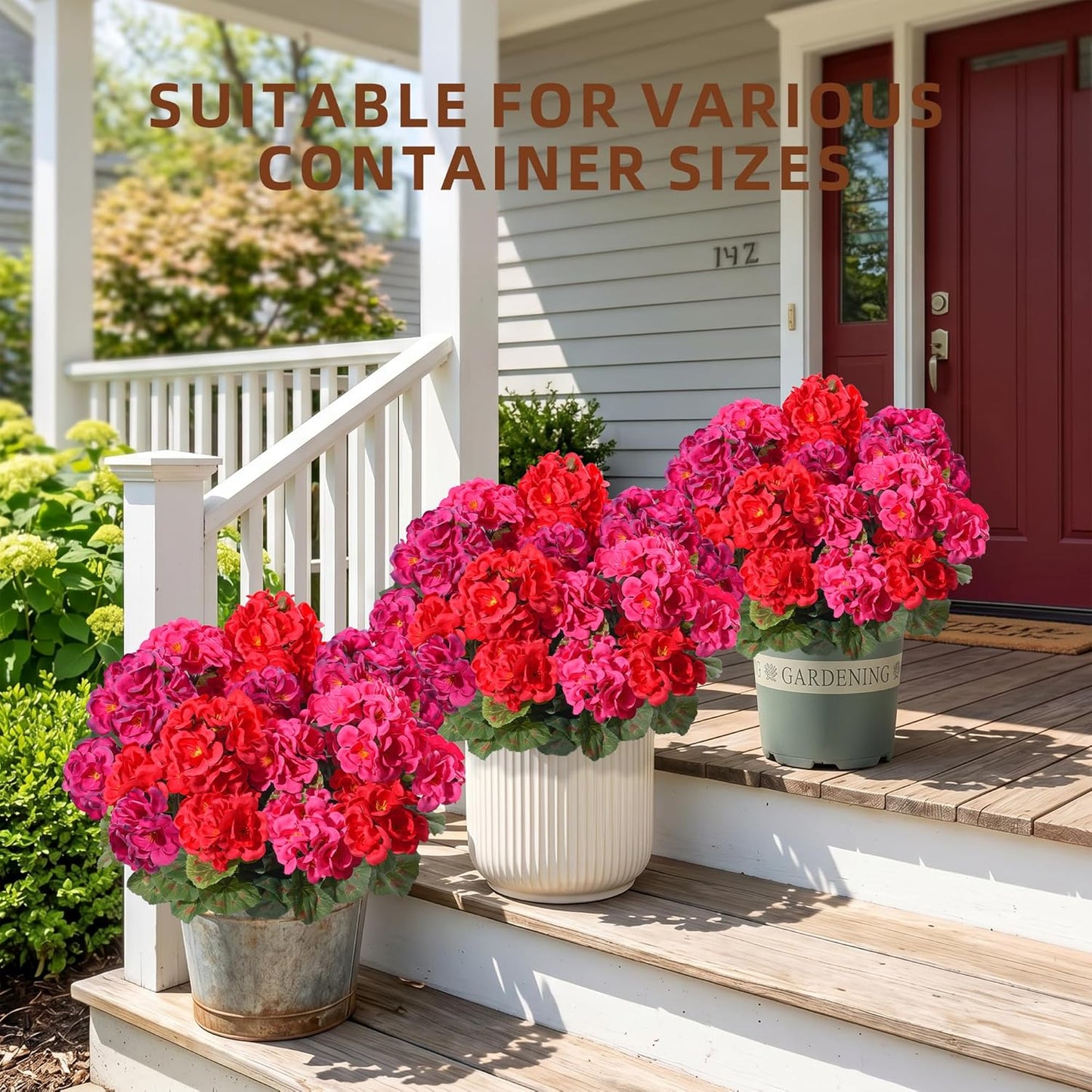 Geraniums Artificial Flowers for Outdoors, 2 Pack Potted Plants White Faux Geraniums Bush Artificial Topiaries Realistic UV Resistant Fake Flowers Plants for Planters Outside Gardens Front Door Indoor