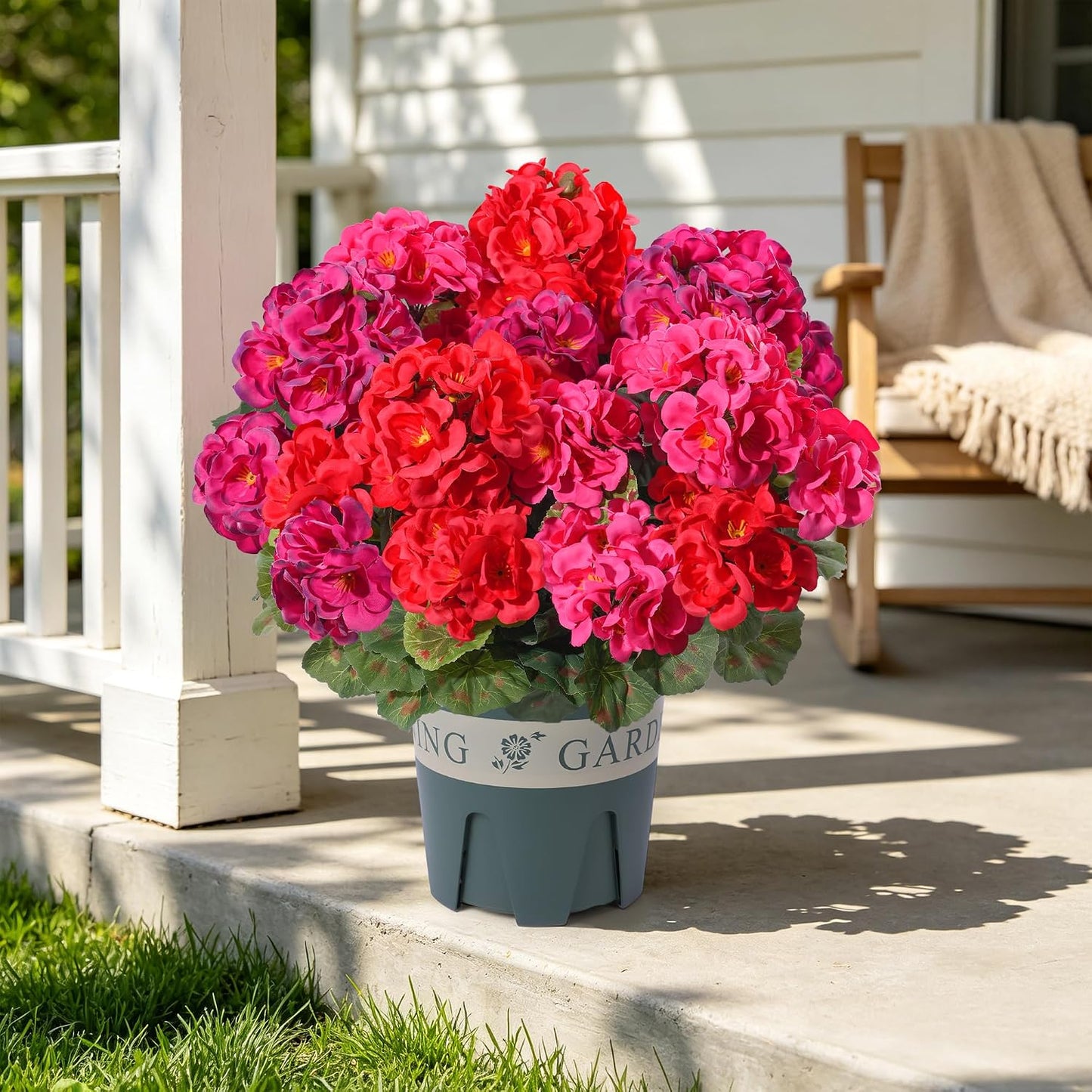Geraniums Artificial Flowers for Outdoors, 2 Pack Potted Plants White Faux Geraniums Bush Artificial Topiaries Realistic UV Resistant Fake Flowers Plants for Planters Outside Gardens Front Door Indoor
