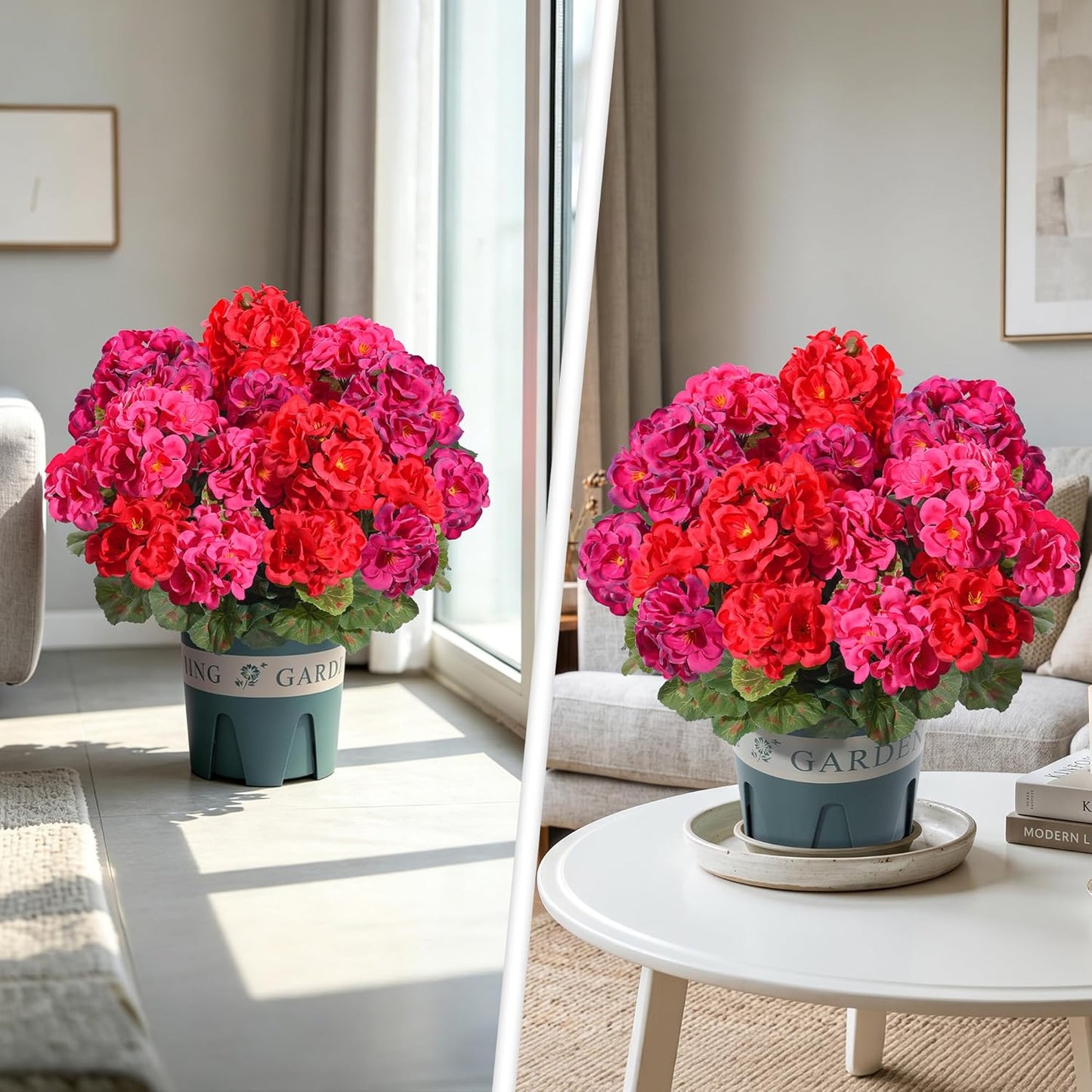Geraniums Artificial Flowers for Outdoors, 2 Pack Potted Plants White Faux Geraniums Bush Artificial Topiaries Realistic UV Resistant Fake Flowers Plants for Planters Outside Gardens Front Door Indoor