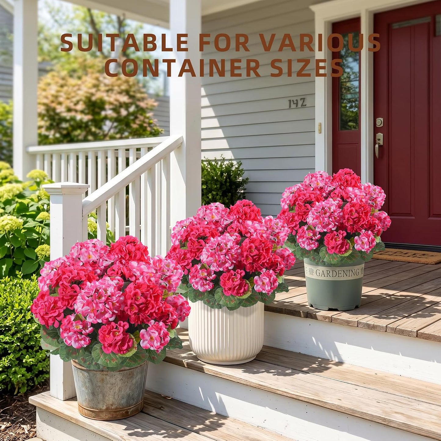 Geraniums Artificial Flowers for Outdoors, 2 Pack Potted Plants White Faux Geraniums Bush Artificial Topiaries Realistic UV Resistant Fake Flowers Plants for Planters Outside Gardens Front Door Indoor
