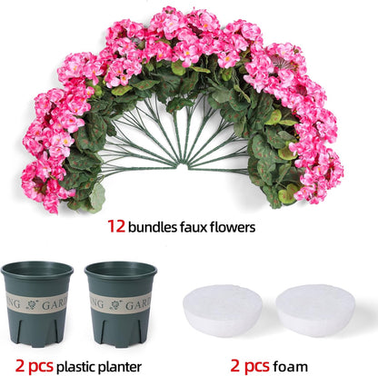 Geraniums Artificial Flowers for Outdoors, 2 Pack Potted Plants White Faux Geraniums Bush Artificial Topiaries Realistic UV Resistant Fake Flowers Plants for Planters Outside Gardens Front Door Indoor