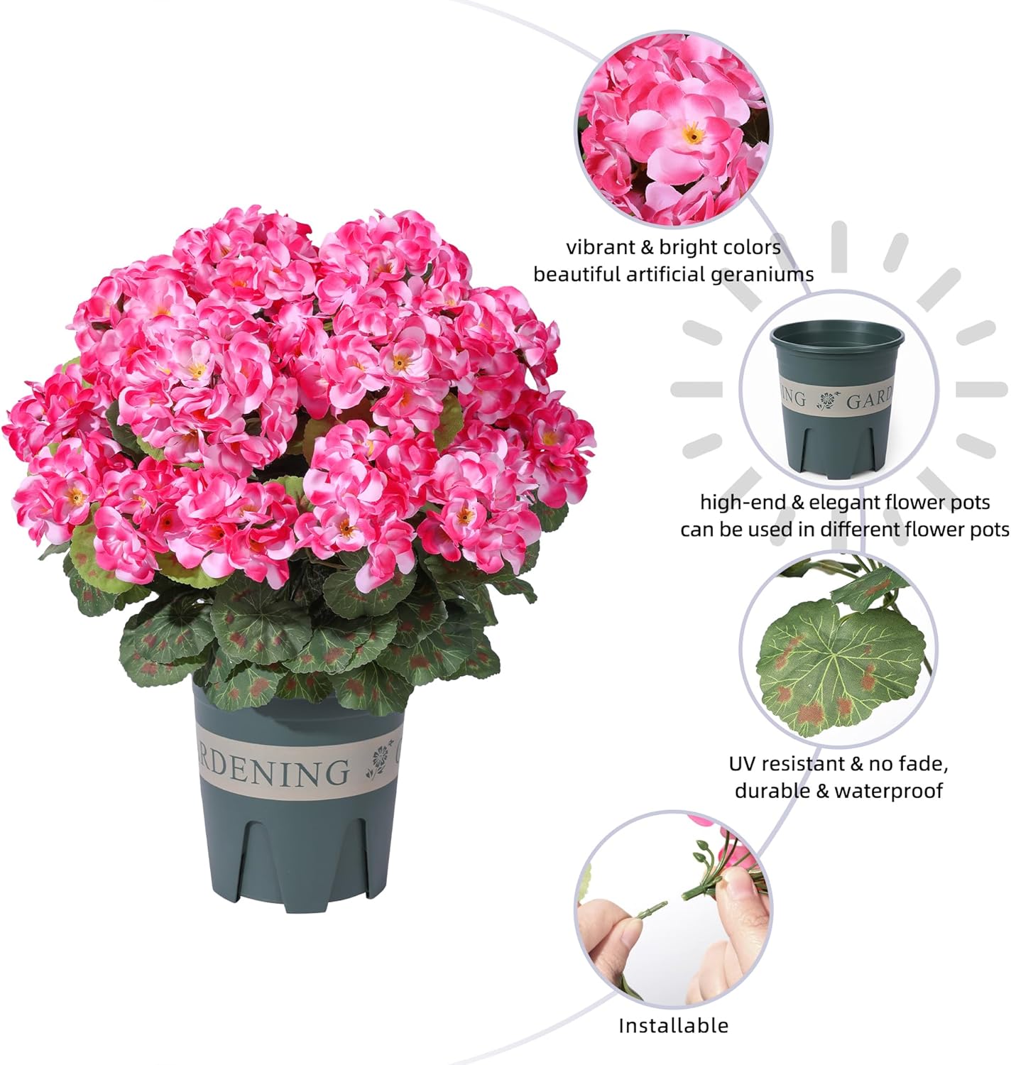 Geraniums Artificial Flowers for Outdoors, 2 Pack Potted Plants White Faux Geraniums Bush Artificial Topiaries Realistic UV Resistant Fake Flowers Plants for Planters Outside Gardens Front Door Indoor