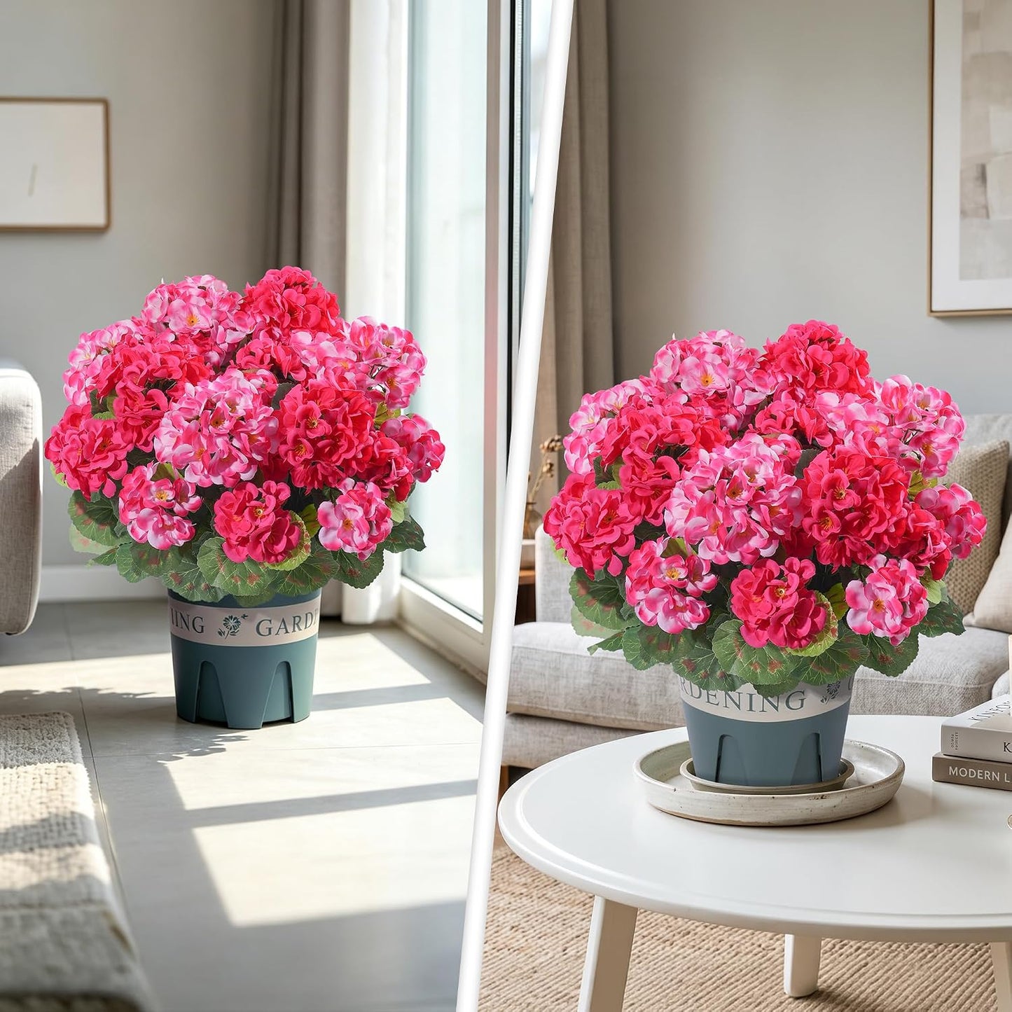 Geraniums Artificial Flowers for Outdoors, 2 Pack Potted Plants White Faux Geraniums Bush Artificial Topiaries Realistic UV Resistant Fake Flowers Plants for Planters Outside Gardens Front Door Indoor