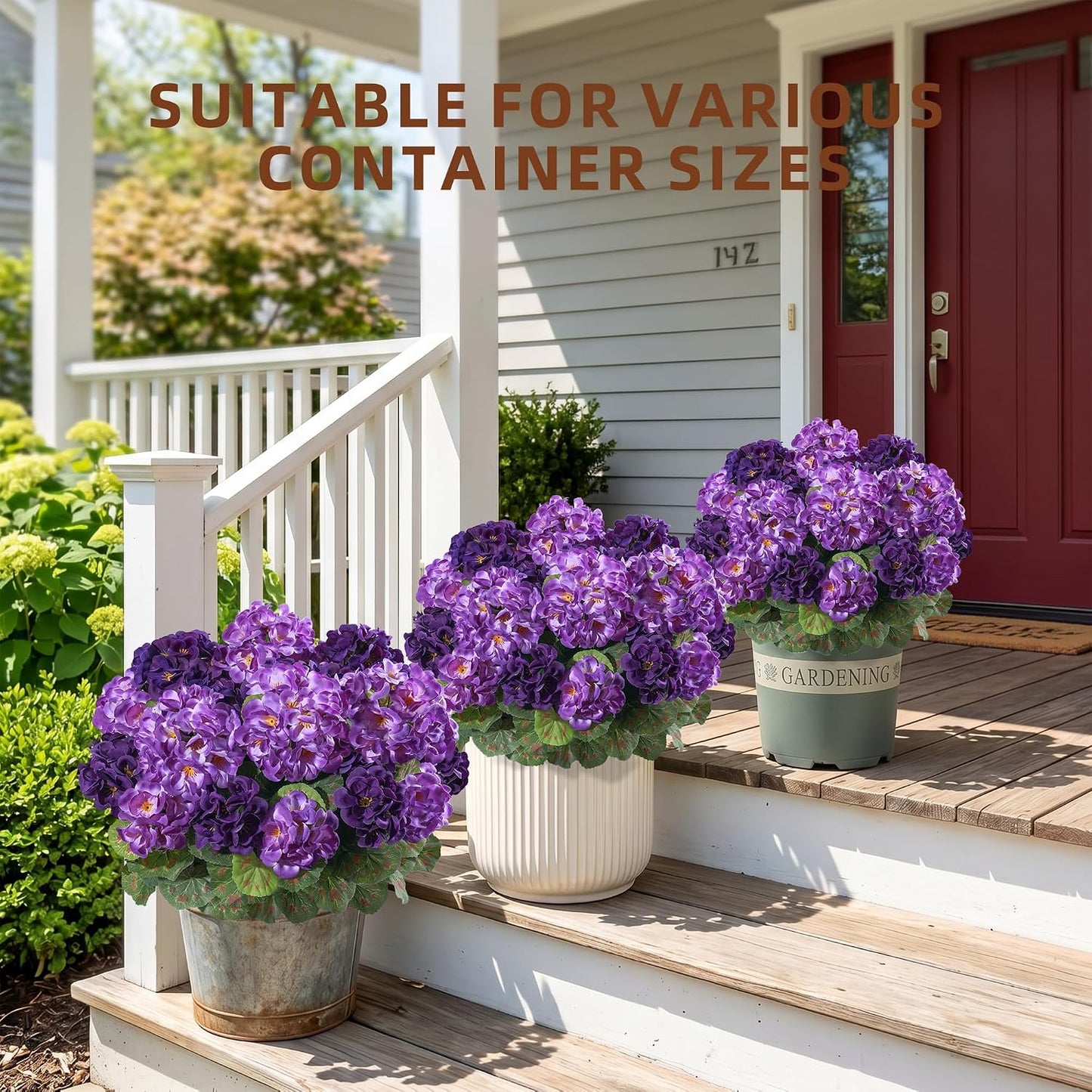 Geraniums Artificial Flowers for Outdoors, 2 Pack Potted Plants White Faux Geraniums Bush Artificial Topiaries Realistic UV Resistant Fake Flowers Plants for Planters Outside Gardens Front Door Indoor