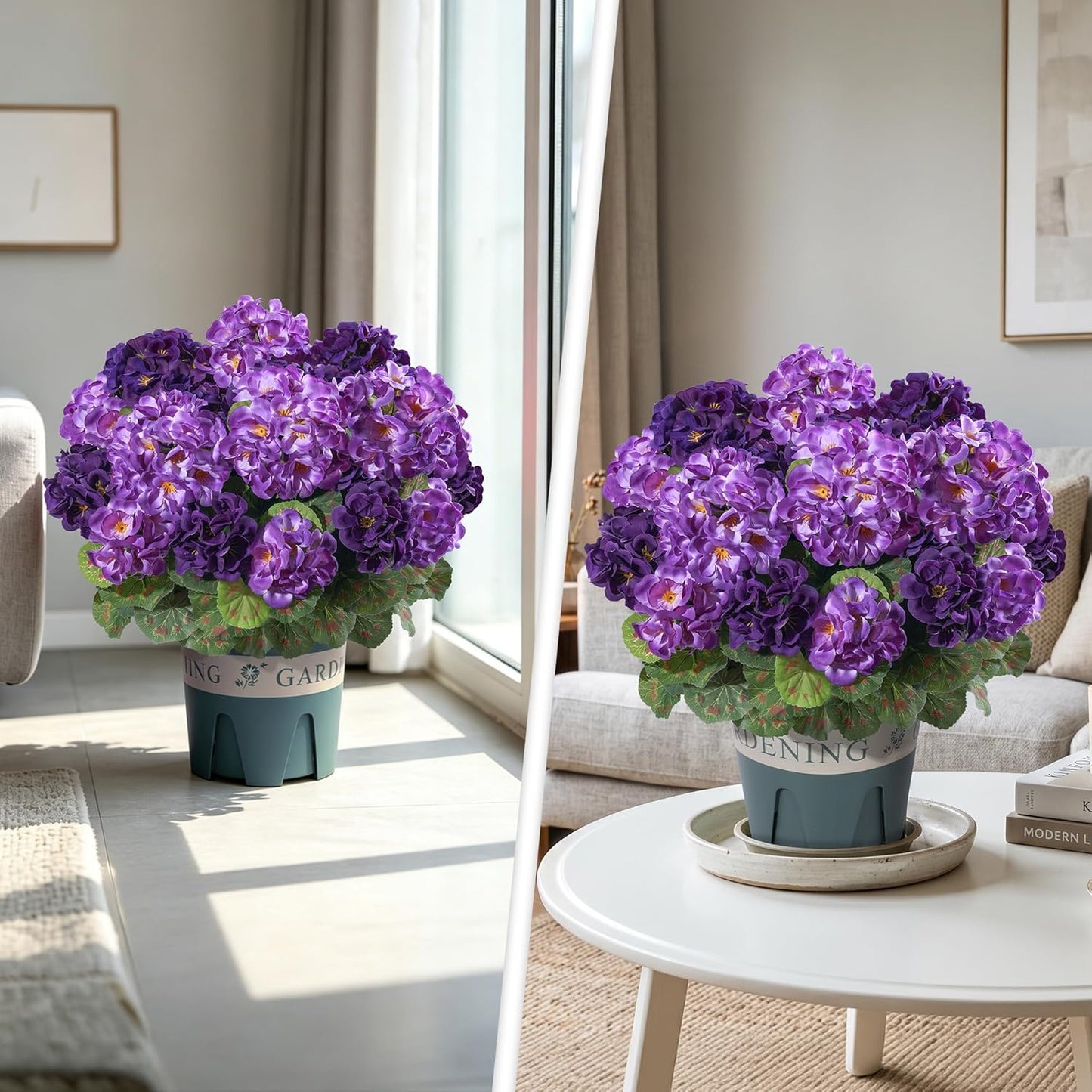 Geraniums Artificial Flowers for Outdoors, 2 Pack Potted Plants White Faux Geraniums Bush Artificial Topiaries Realistic UV Resistant Fake Flowers Plants for Planters Outside Gardens Front Door Indoor