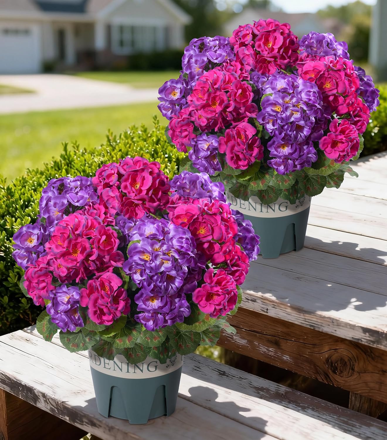 Geraniums Artificial Flowers for Outdoors, 2 Pack Potted Plants White Faux Geraniums Bush Artificial Topiaries Realistic UV Resistant Fake Flowers Plants for Planters Outside Gardens Front Door Indoor
