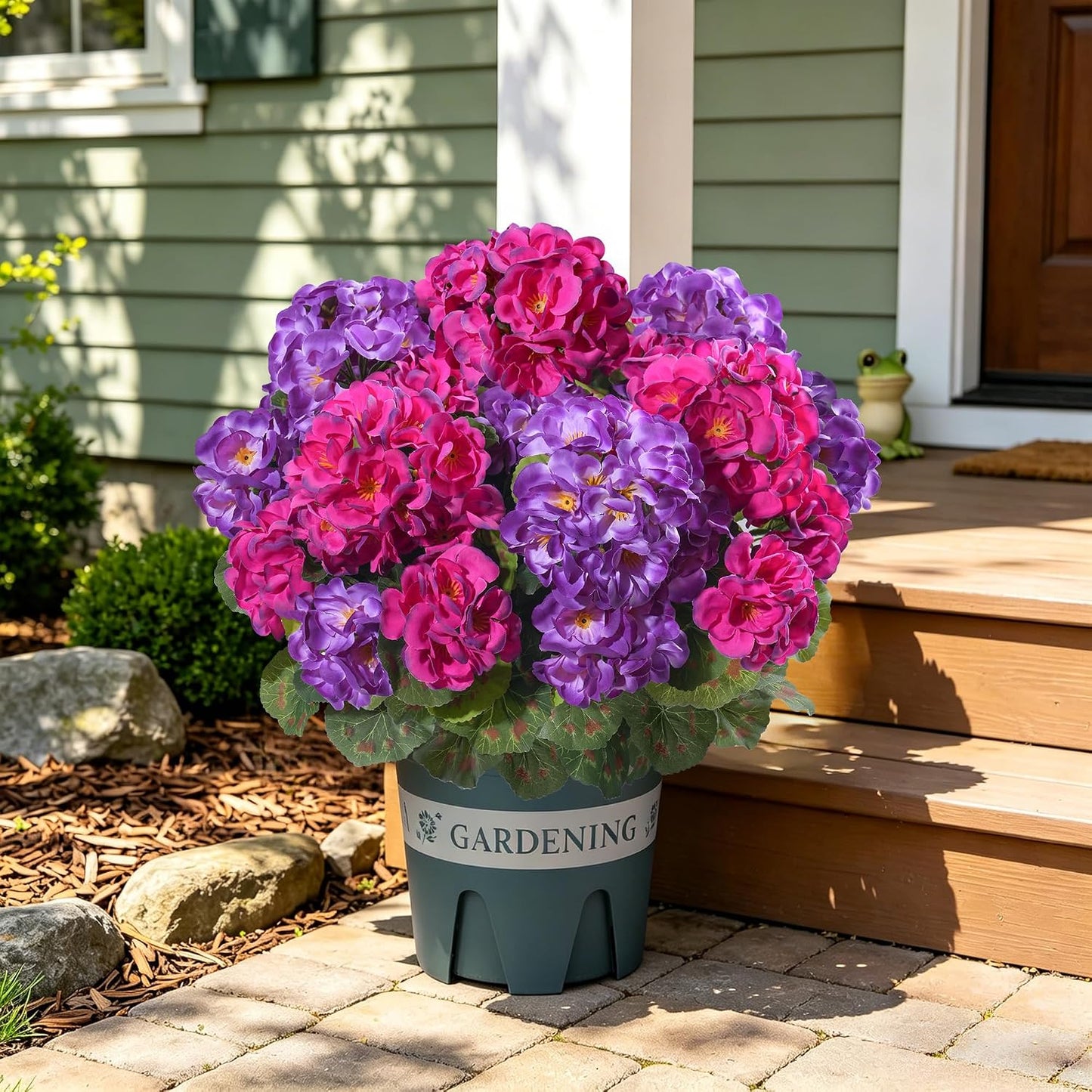 Geraniums Artificial Flowers for Outdoors, 2 Pack Potted Plants White Faux Geraniums Bush Artificial Topiaries Realistic UV Resistant Fake Flowers Plants for Planters Outside Gardens Front Door Indoor