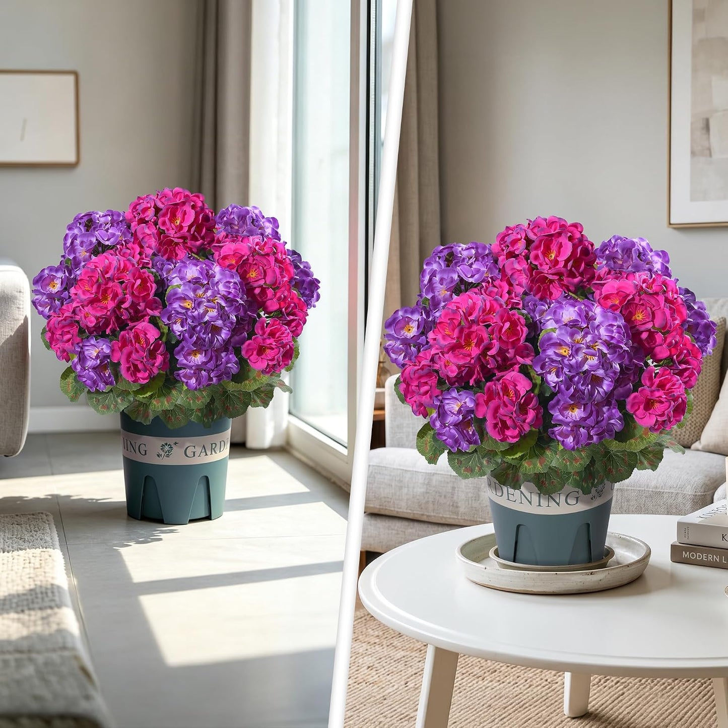 Geraniums Artificial Flowers for Outdoors, 2 Pack Potted Plants White Faux Geraniums Bush Artificial Topiaries Realistic UV Resistant Fake Flowers Plants for Planters Outside Gardens Front Door Indoor