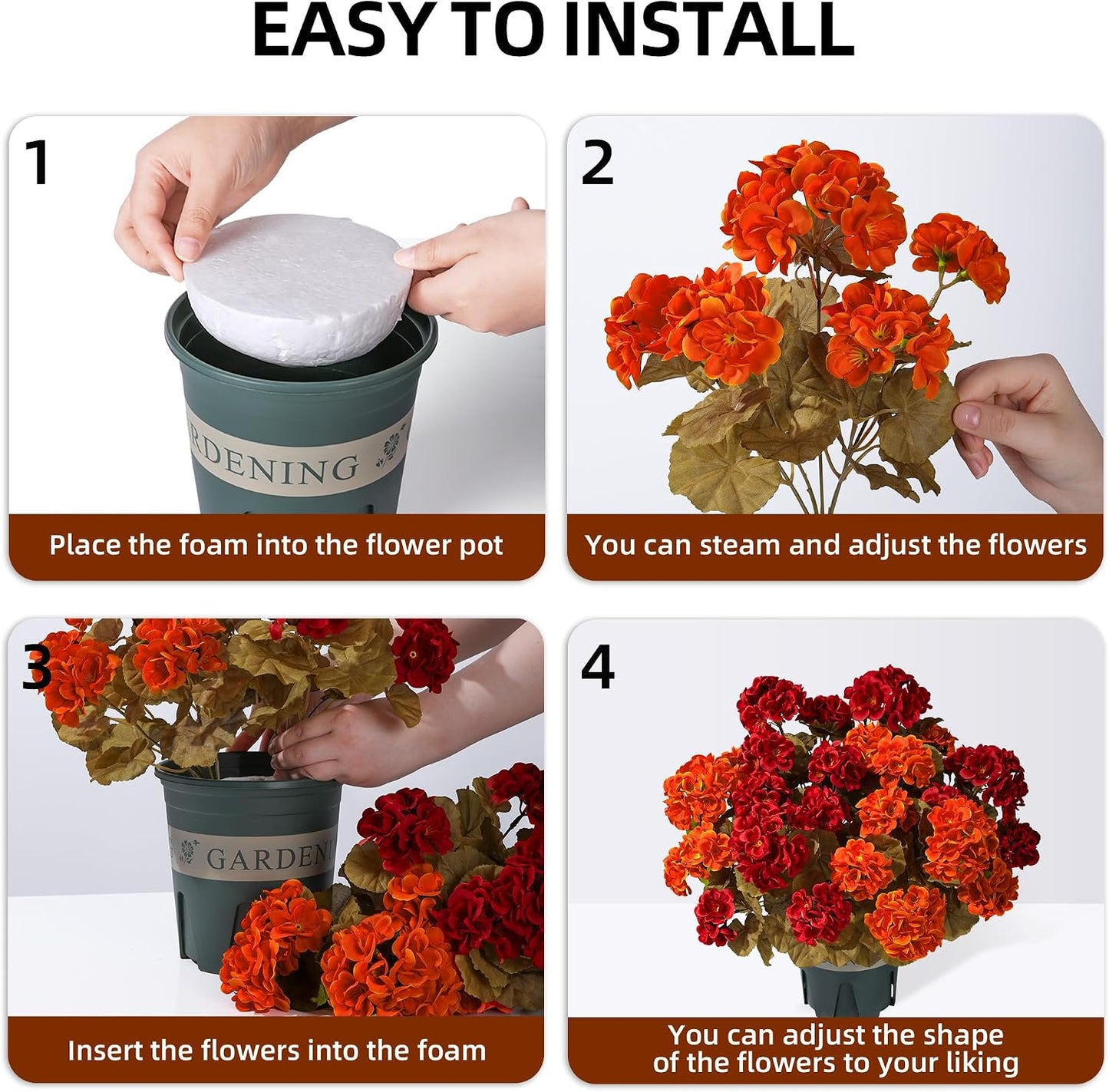 Geraniums Artificial Flowers for Outdoors, 2 Pack Potted Plants White Faux Geraniums Bush Artificial Topiaries Realistic UV Resistant Fake Flowers Plants for Planters Outside Gardens Front Door Indoor