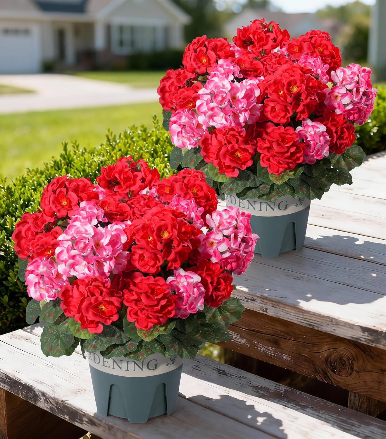 Geraniums Artificial Flowers for Outdoors, 2 Pack Potted Plants White Faux Geraniums Bush Artificial Topiaries Realistic UV Resistant Fake Flowers Plants for Planters Outside Gardens Front Door Indoor