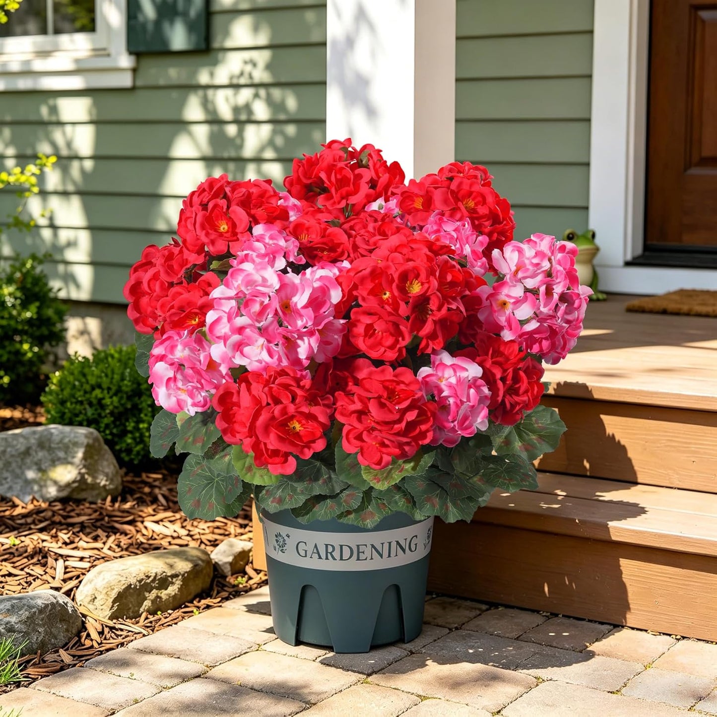 Geraniums Artificial Flowers for Outdoors, 2 Pack Potted Plants White Faux Geraniums Bush Artificial Topiaries Realistic UV Resistant Fake Flowers Plants for Planters Outside Gardens Front Door Indoor
