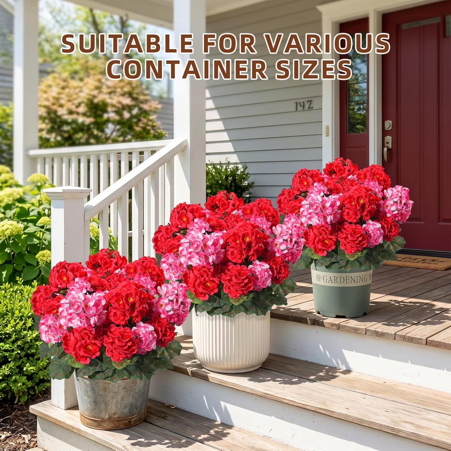 Geraniums Artificial Flowers for Outdoors, 2 Pack Potted Plants White Faux Geraniums Bush Artificial Topiaries Realistic UV Resistant Fake Flowers Plants for Planters Outside Gardens Front Door Indoor