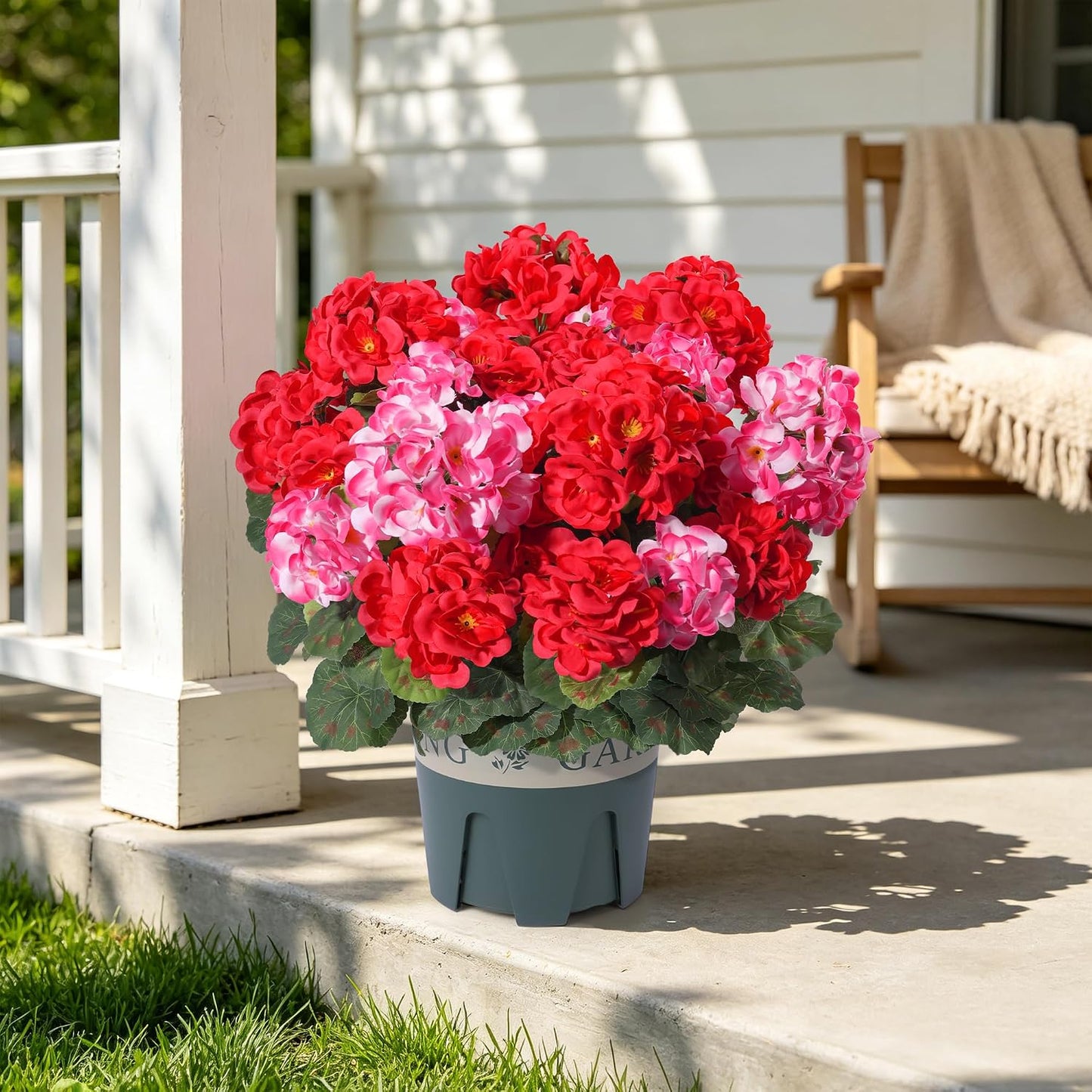 Geraniums Artificial Flowers for Outdoors, 2 Pack Potted Plants White Faux Geraniums Bush Artificial Topiaries Realistic UV Resistant Fake Flowers Plants for Planters Outside Gardens Front Door Indoor