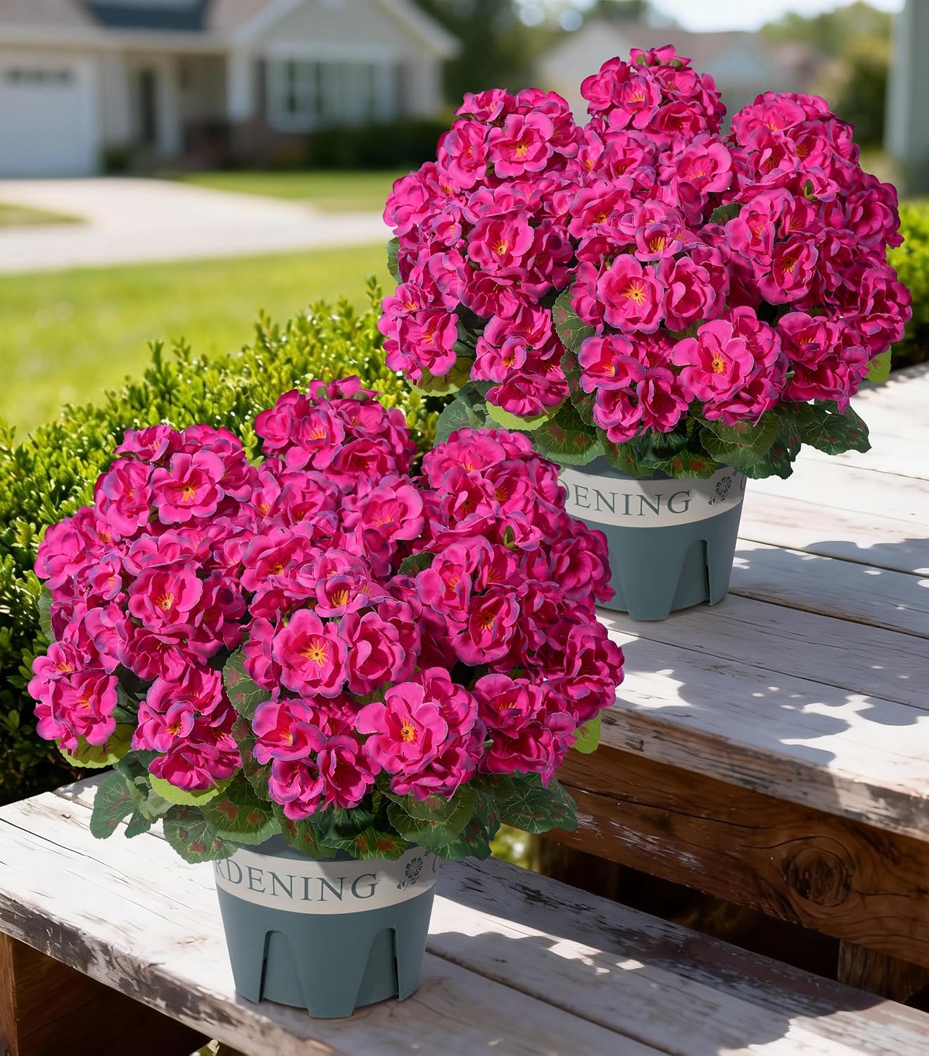 Geraniums Artificial Flowers for Outdoors, 2 Pack Potted Plants White Faux Geraniums Bush Artificial Topiaries Realistic UV Resistant Fake Flowers Plants for Planters Outside Gardens Front Door Indoor