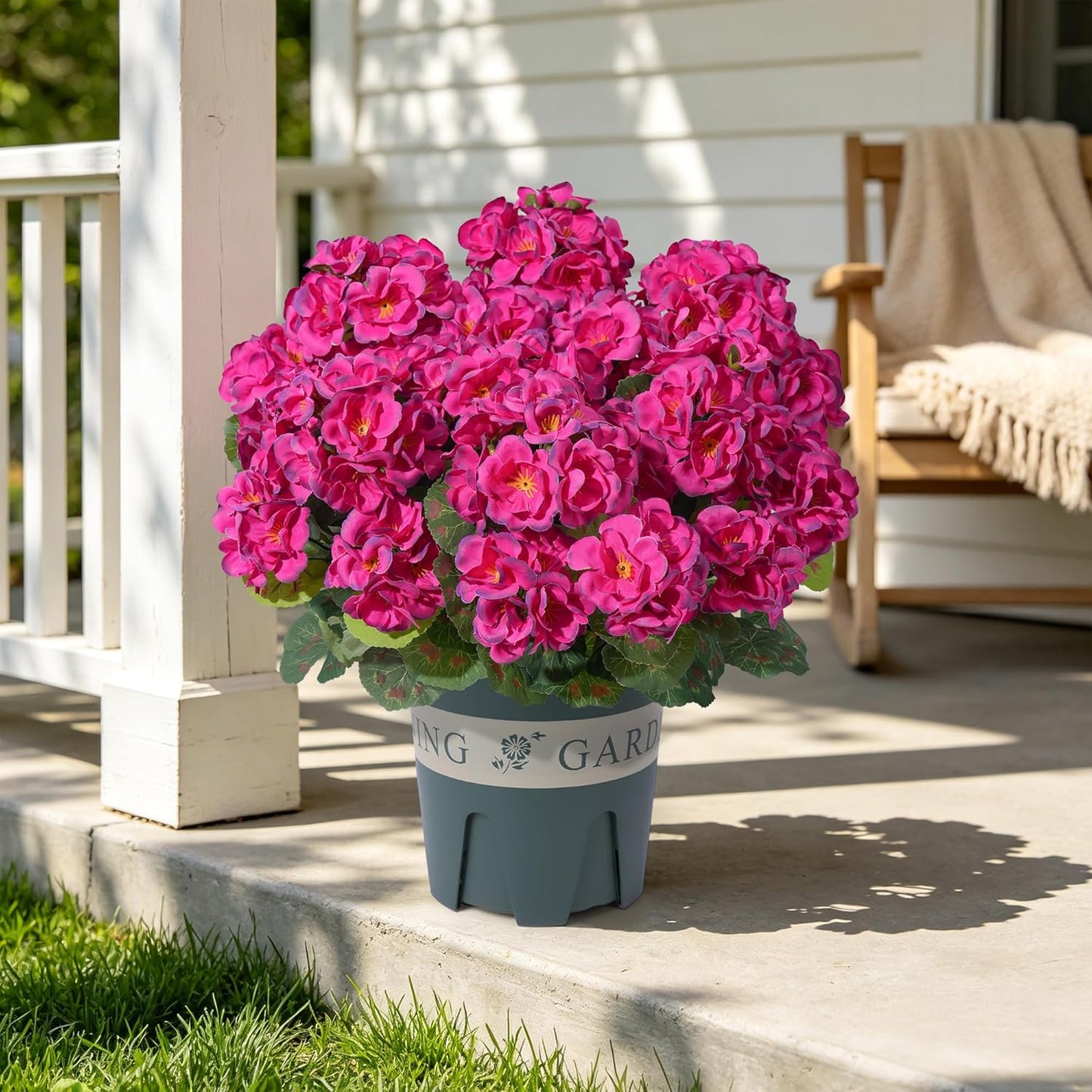 Geraniums Artificial Flowers for Outdoors, 2 Pack Potted Plants White Faux Geraniums Bush Artificial Topiaries Realistic UV Resistant Fake Flowers Plants for Planters Outside Gardens Front Door Indoor