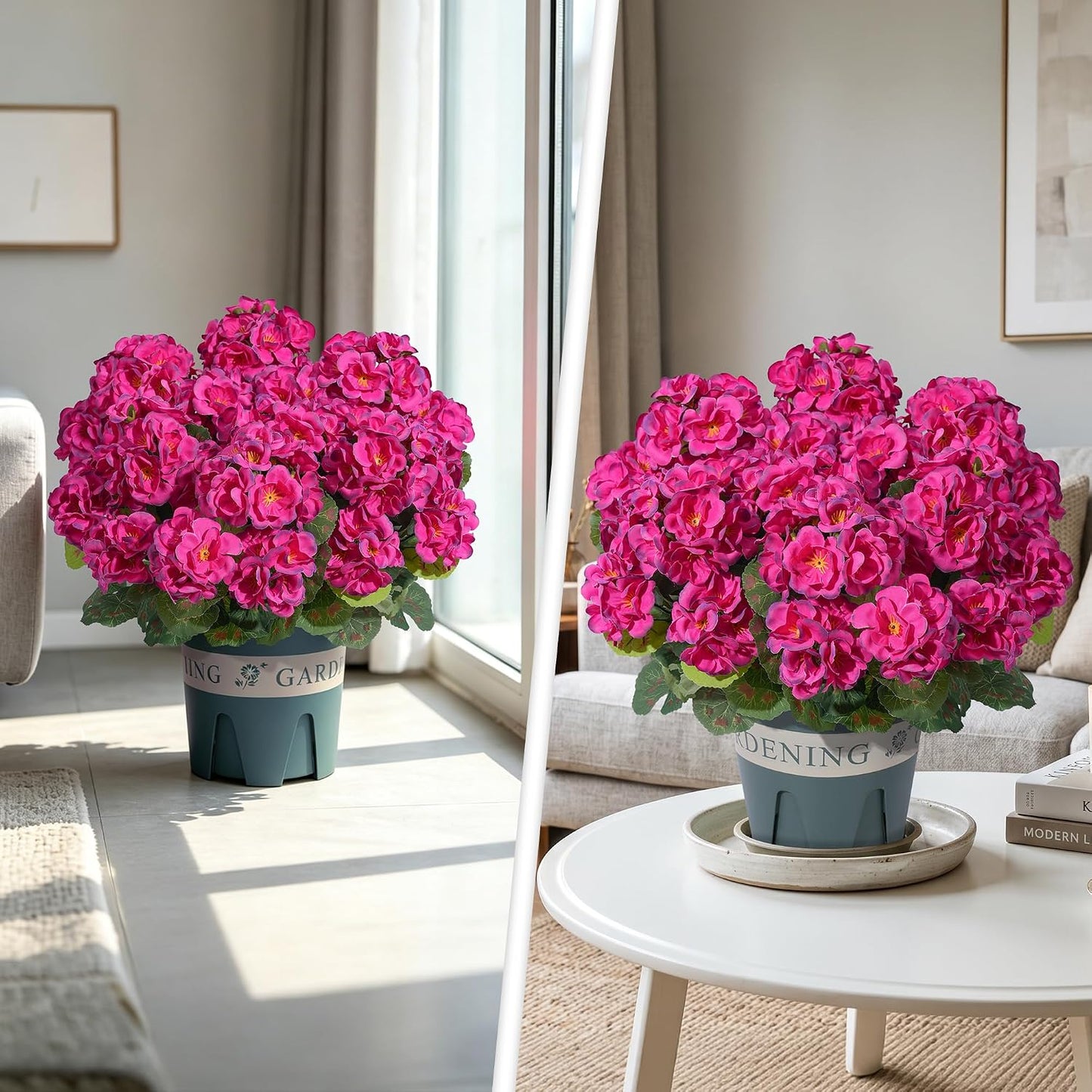 Geraniums Artificial Flowers for Outdoors, 2 Pack Potted Plants White Faux Geraniums Bush Artificial Topiaries Realistic UV Resistant Fake Flowers Plants for Planters Outside Gardens Front Door Indoor