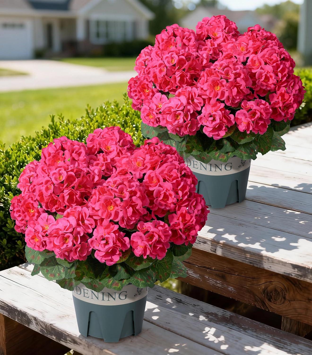 Geraniums Artificial Flowers for Outdoors, 2 Pack Potted Plants White Faux Geraniums Bush Artificial Topiaries Realistic UV Resistant Fake Flowers Plants for Planters Outside Gardens Front Door Indoor