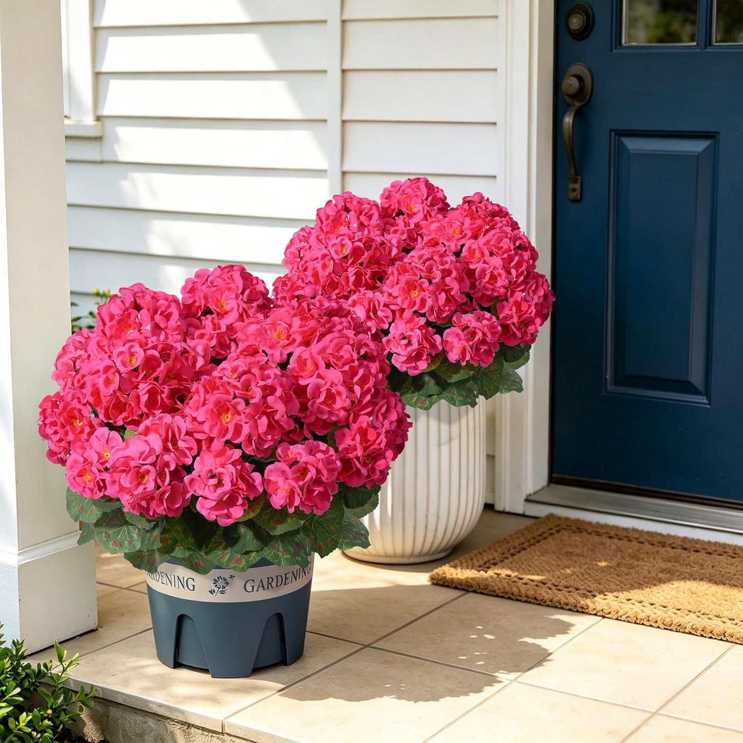 Geraniums Artificial Flowers for Outdoors, 2 Pack Potted Plants White Faux Geraniums Bush Artificial Topiaries Realistic UV Resistant Fake Flowers Plants for Planters Outside Gardens Front Door Indoor