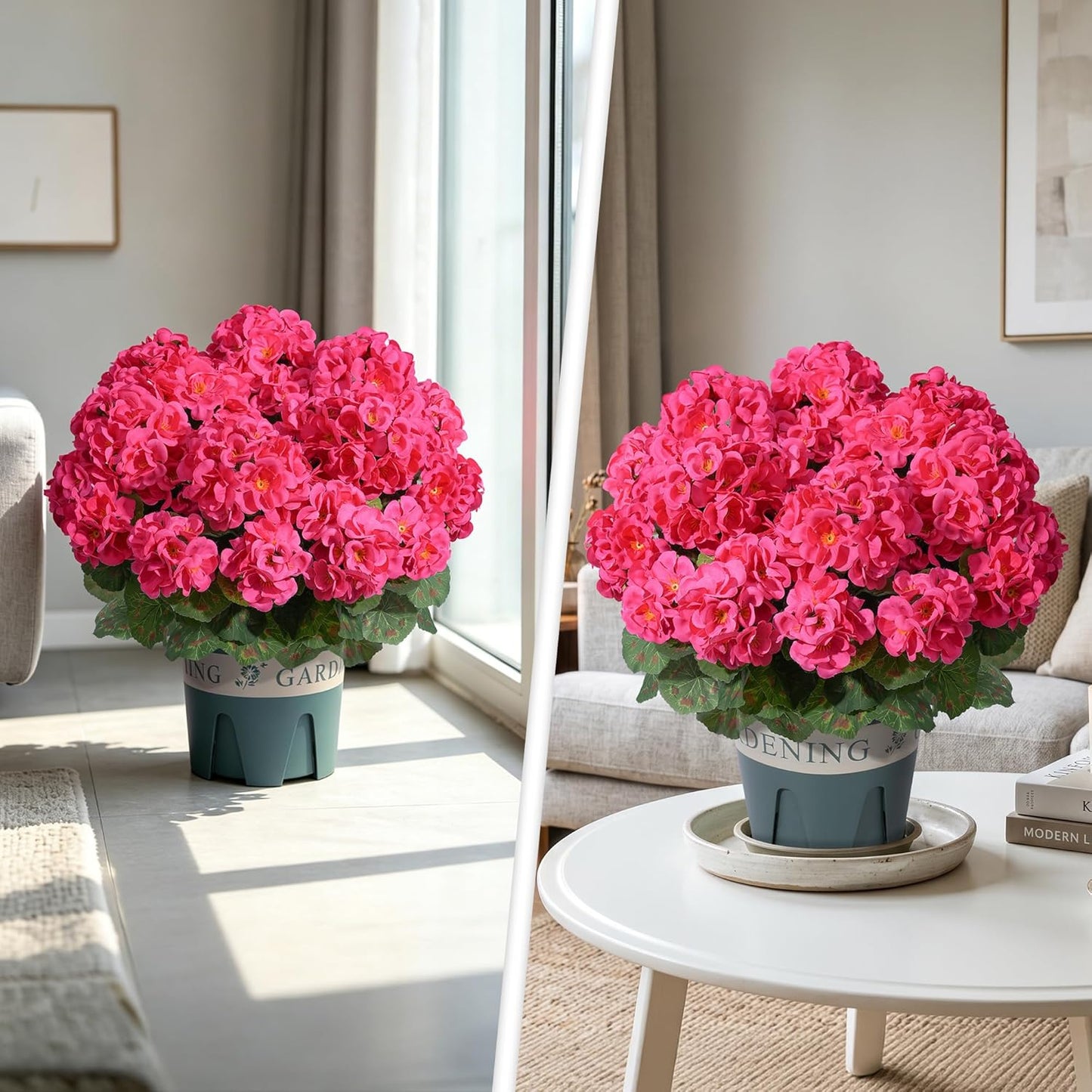 Geraniums Artificial Flowers for Outdoors, 2 Pack Potted Plants White Faux Geraniums Bush Artificial Topiaries Realistic UV Resistant Fake Flowers Plants for Planters Outside Gardens Front Door Indoor